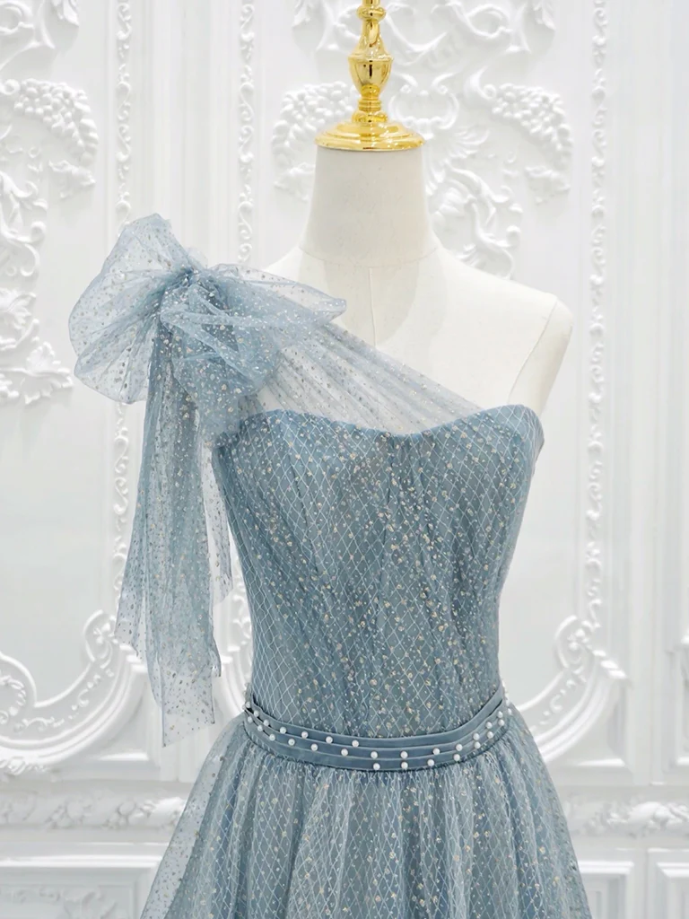 A-Line One Shoulder Tulle Sequin Gray Blue Long Prom Dress