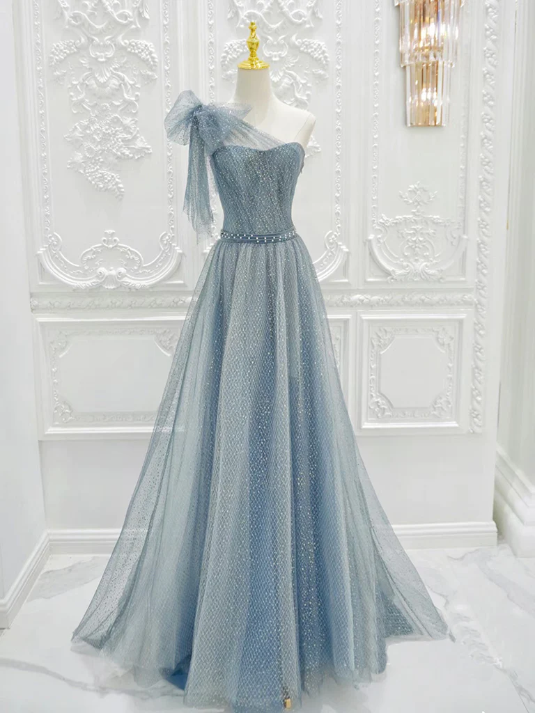 A-Line One Shoulder Tulle Sequin Gray Blue Long Prom Dress