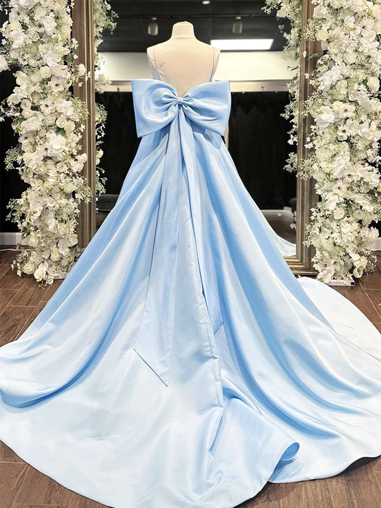 Simple A-Line Satin Blue Long prom Dress