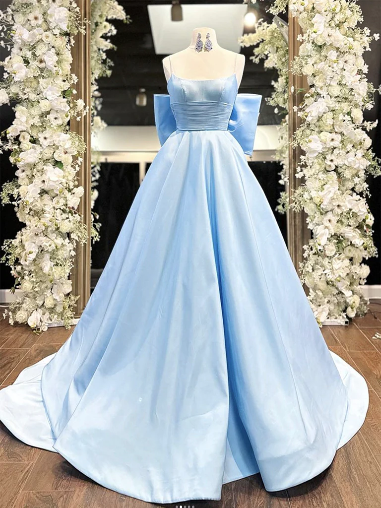 Simple A-Line Satin Blue Long prom Dress