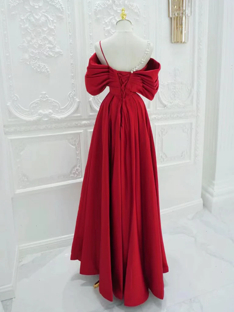 Red A-Line Off Shoulder Satin Long Prom Dress