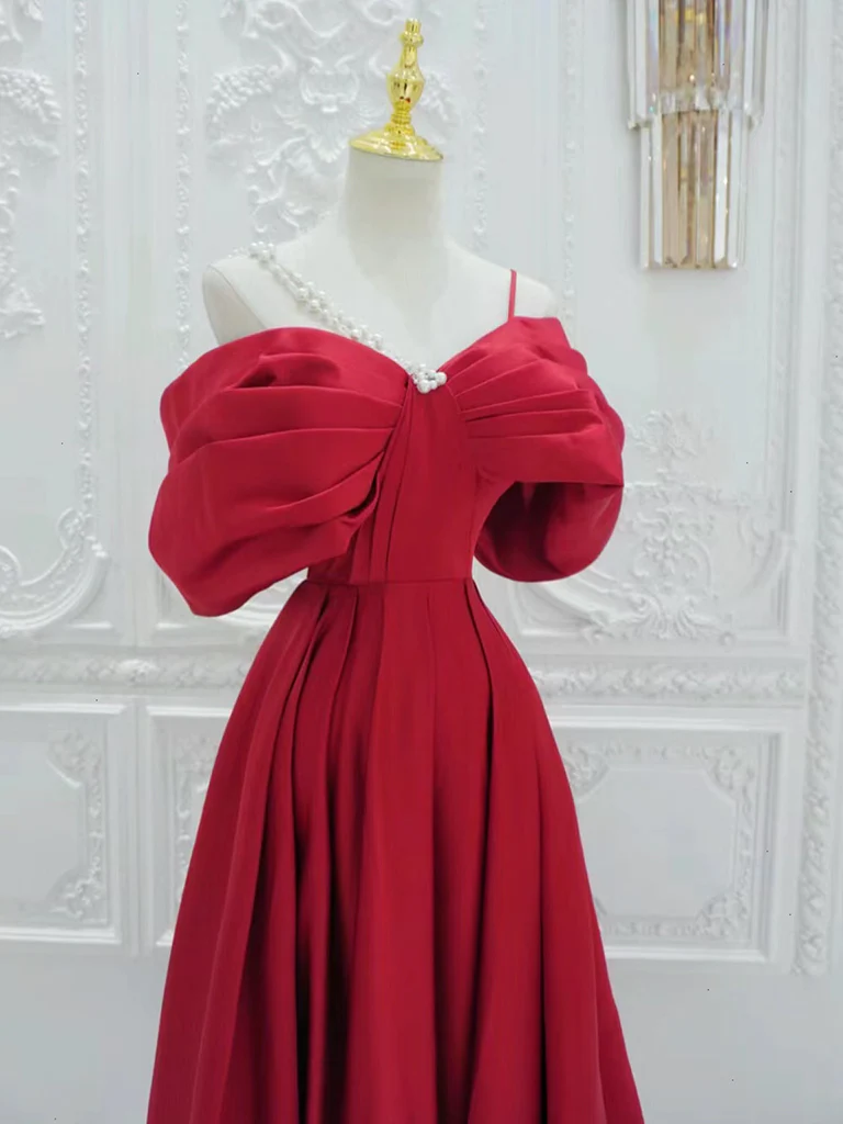 Red A-Line Off Shoulder Satin Long Prom Dress