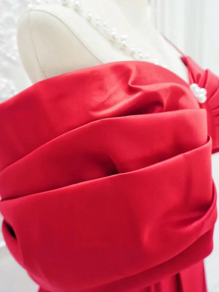 Red A-Line Off Shoulder Satin Long Prom Dress