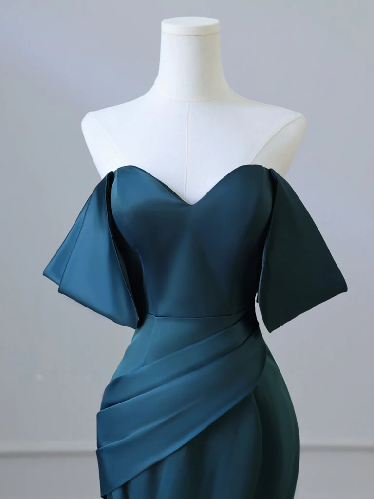 Simple Off Shoulder Satin Ink Blue Long Prom Dress