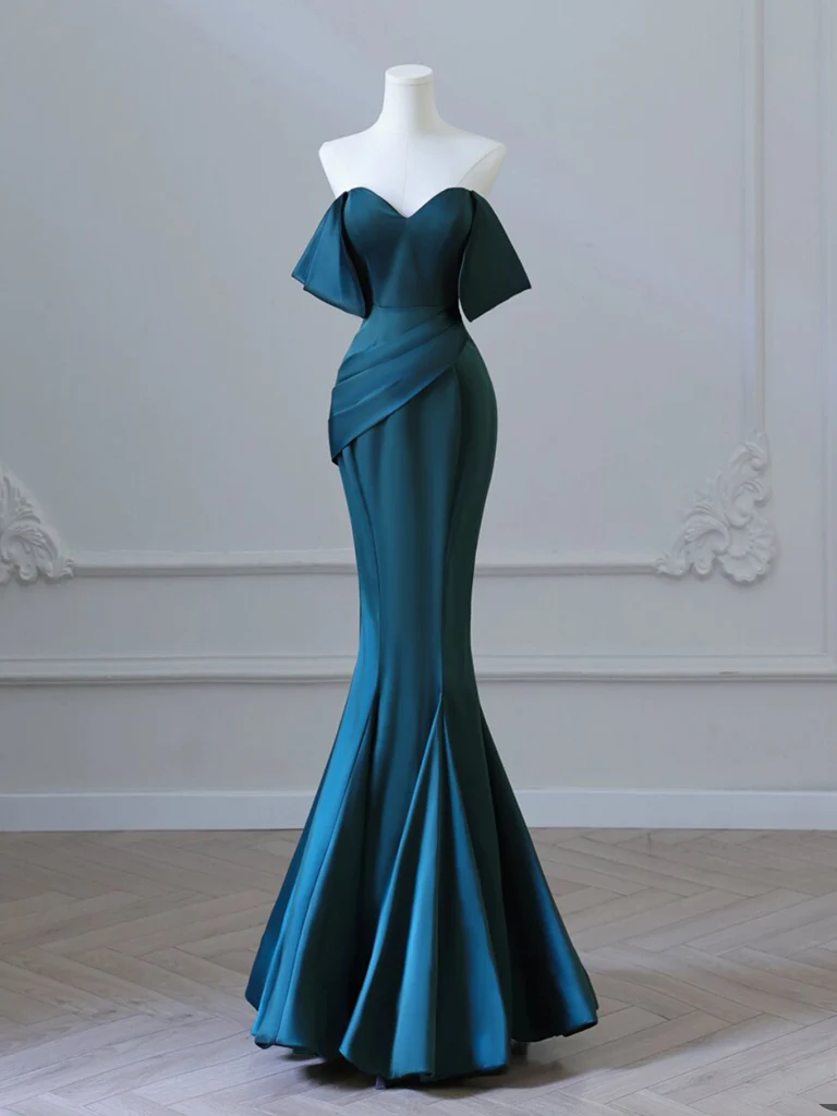 Simple Off Shoulder Satin Ink Blue Long Prom Dress
