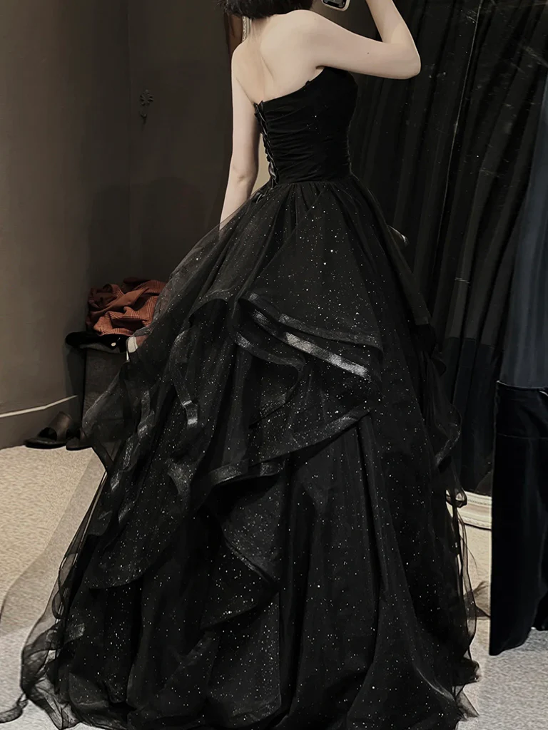 A-Line Sweetheart Neck Tulle Black Long Prom Dress