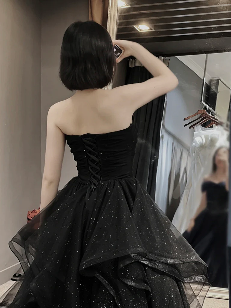 A-Line Sweetheart Neck Tulle Black Long Prom Dress