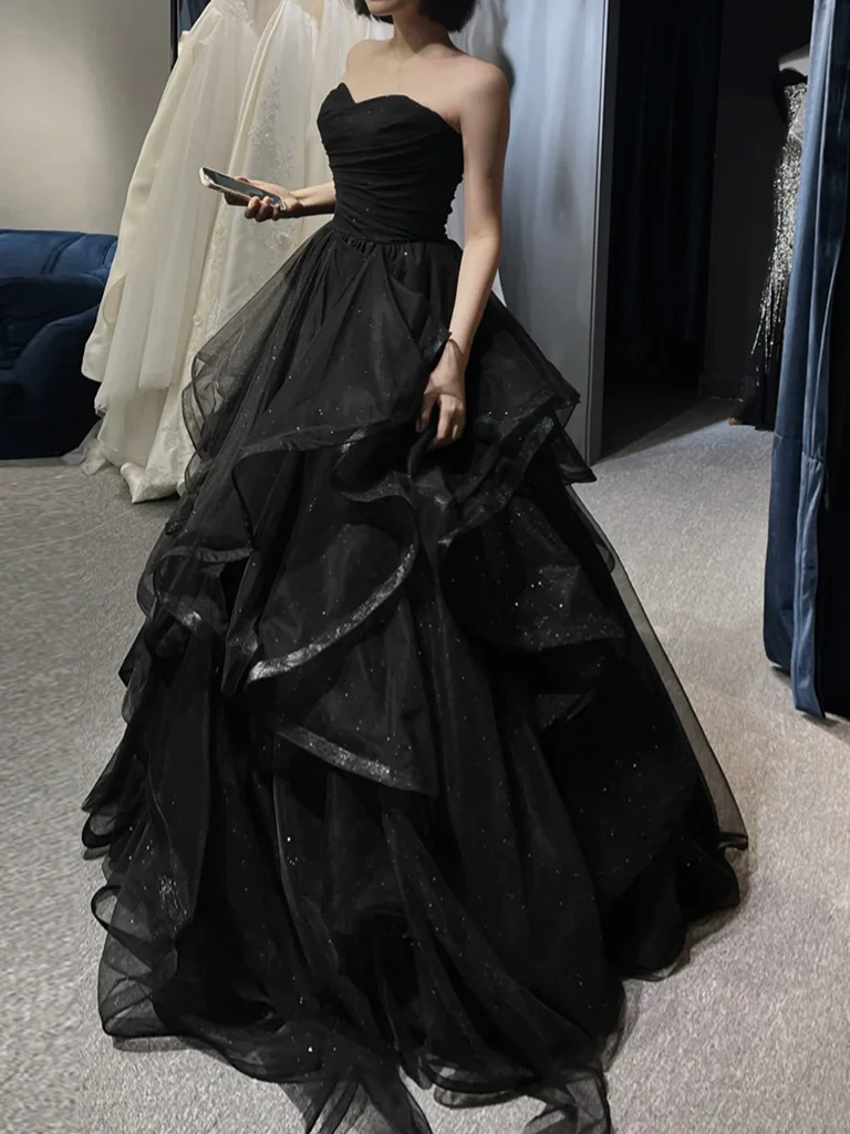 A-Line Sweetheart Neck Tulle Black Long Prom Dress