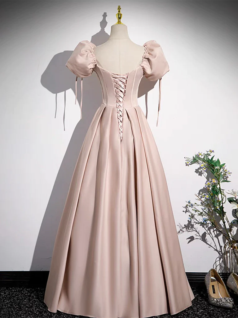 Simple A line Pink Satin Long Prom Dress