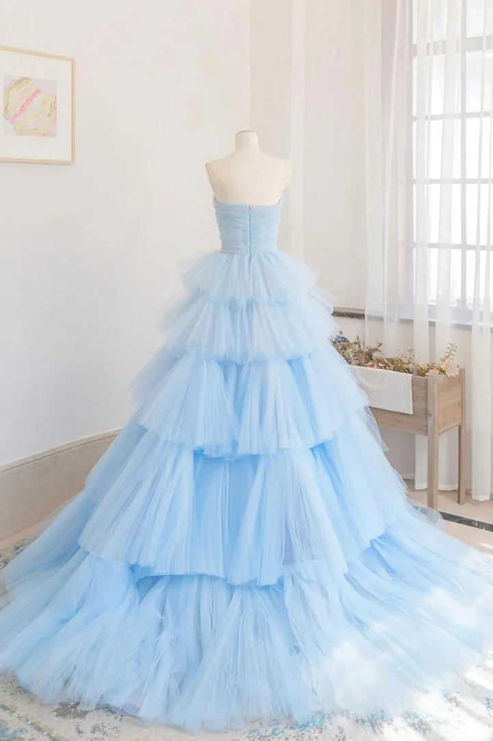 Beautiful Blue Layers Tulle Long Prom Dresses
