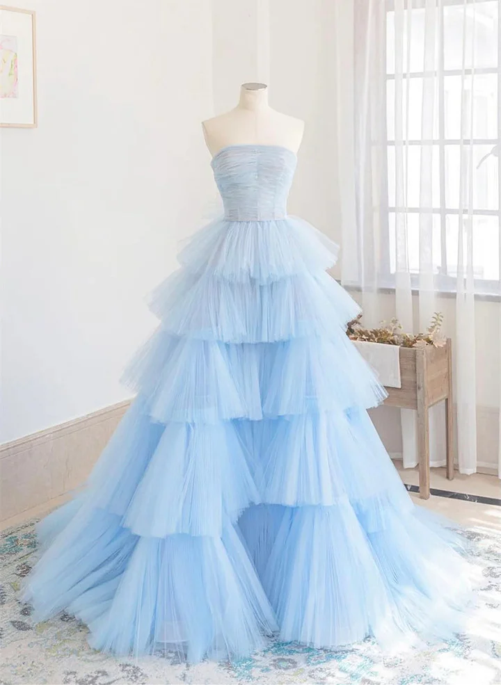 Beautiful Blue Layers Tulle Long Prom Dresses