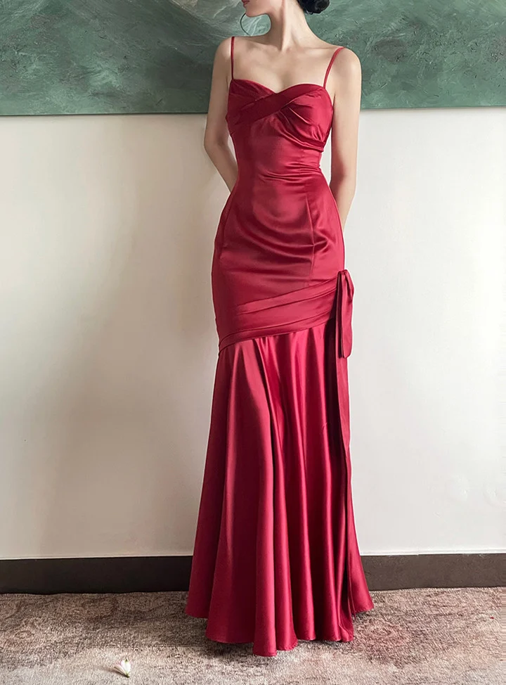 Wine Red Satin Straps Long Evening Dress Prom Dress