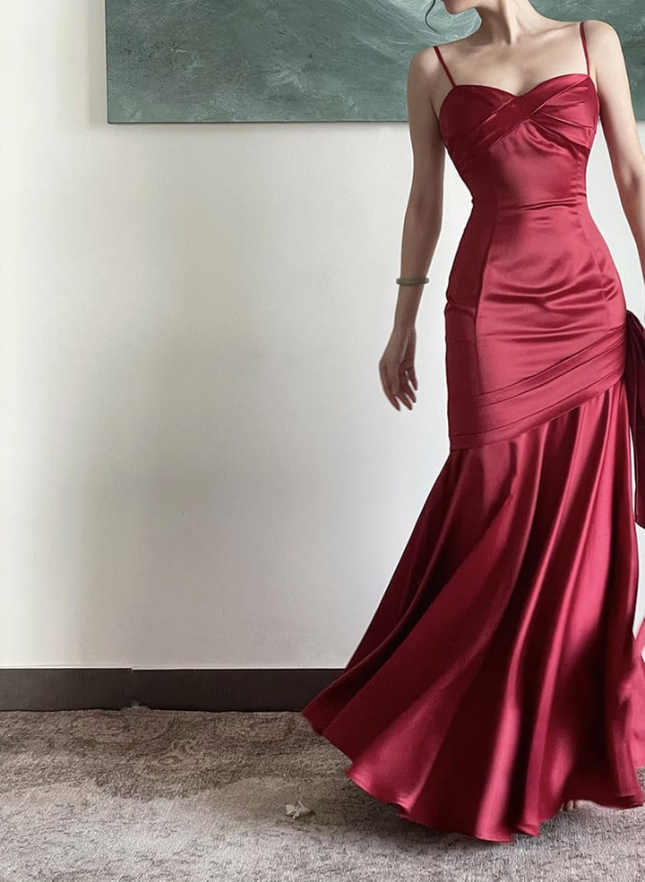 Wine Red Satin Straps Long Evening Dress Prom Dress