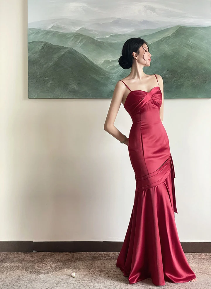 Wine Red Satin Straps Long Evening Dress Prom Dress