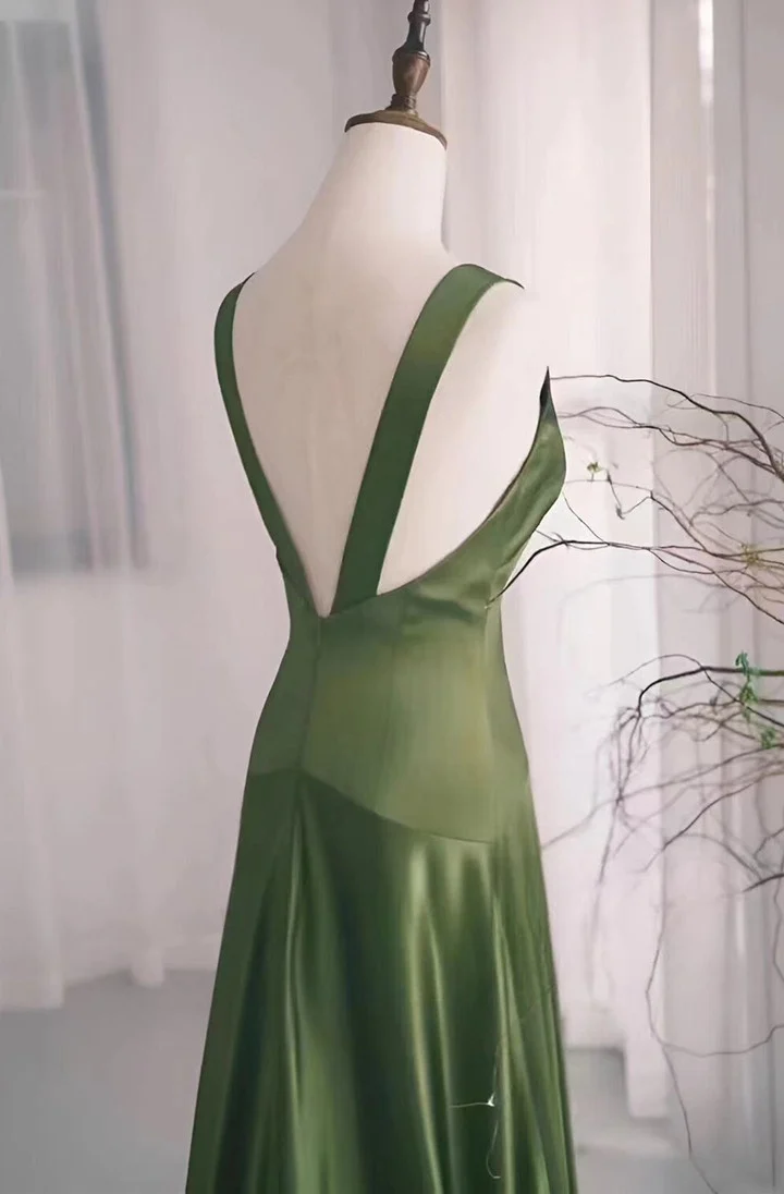 Green Satin V-Neckline Low Back Prom Dress