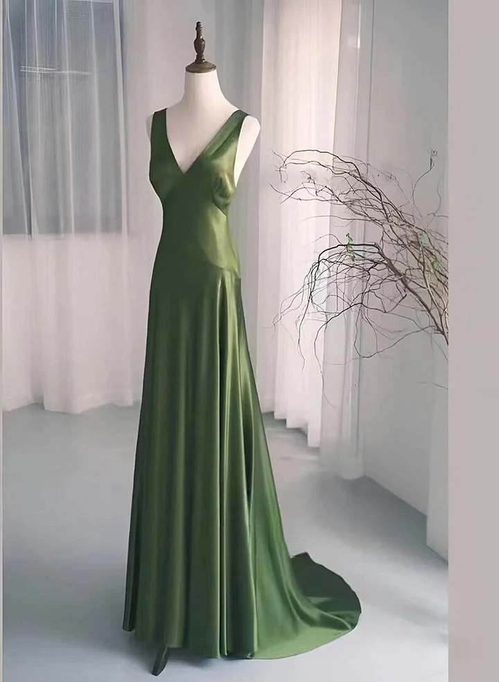Green Satin V-Neckline Low Back Prom Dress