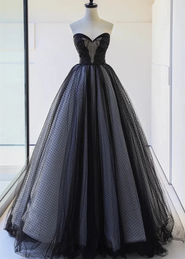 Lovely Black Strapless Tulle Lace Long Prom Dress