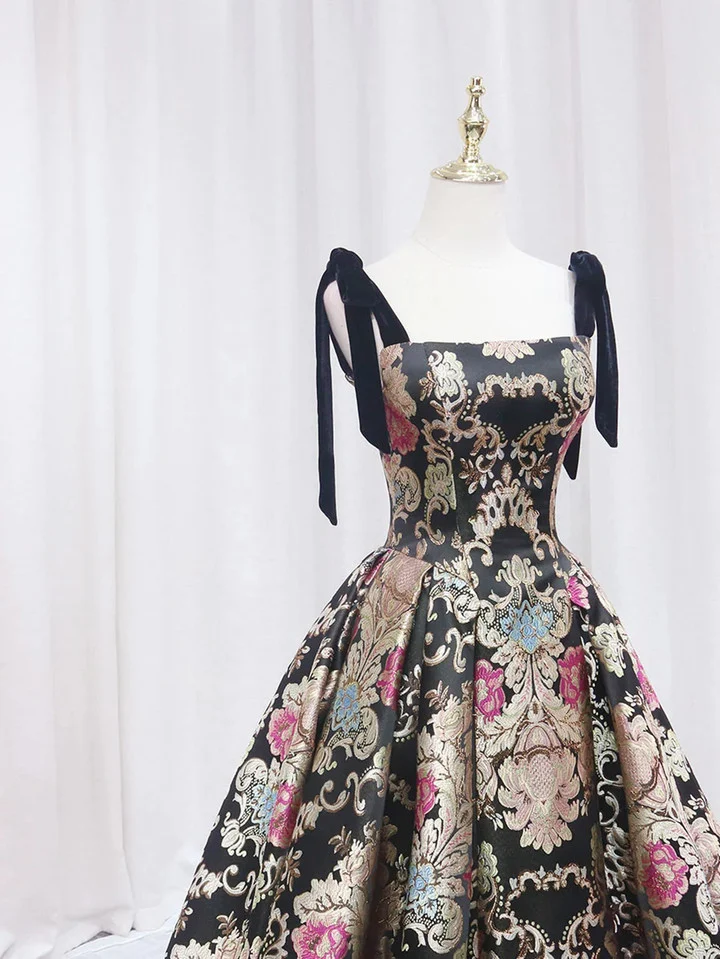 Black Satin Straps A-line Floral Long Formal Dress Prom Dress