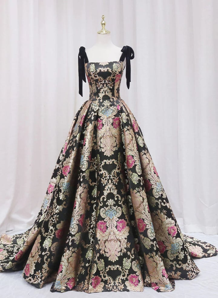 Black Satin Straps A-line Floral Long Formal Dress Prom Dress