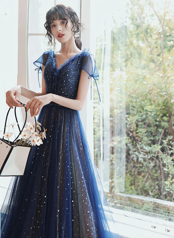 Navy Blue V-neckline Tulle Long Party Dress Prom Dress