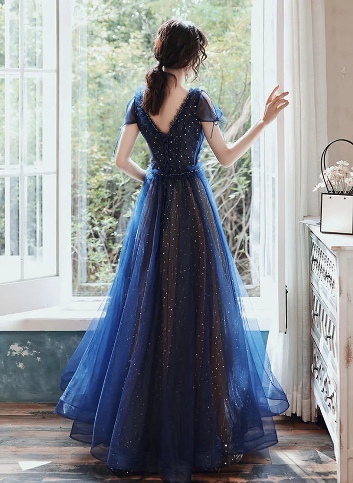 Navy Blue V-neckline Tulle Long Party Dress Prom Dress