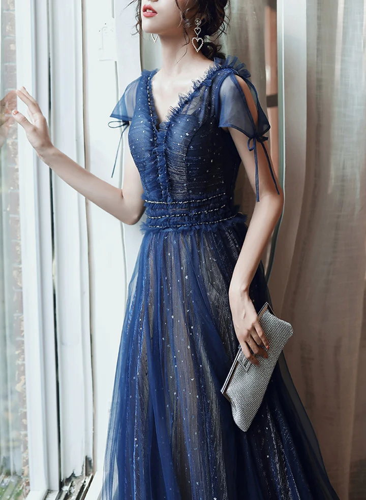 Navy Blue V-neckline Tulle Long Party Dress Prom Dress