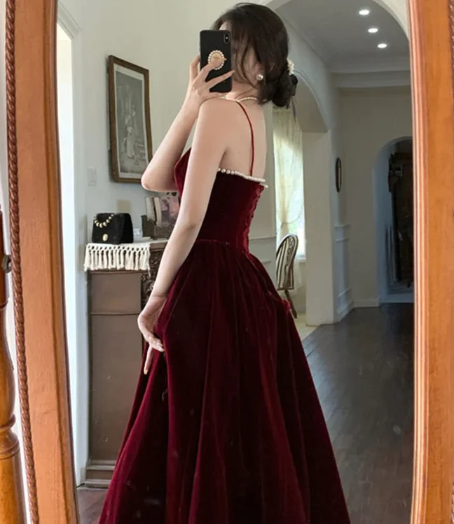 Simple A line Straps Pearls Burgundy Long Velvet Prom Dress