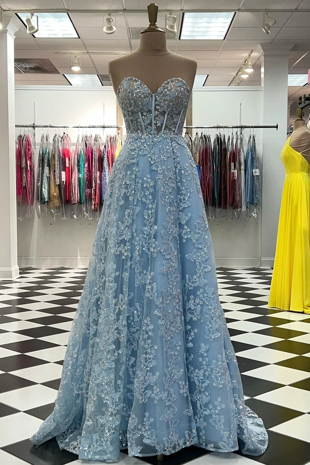 Sparkle Princess Bustier Puff Sleeve Lace Long Prom Dress Detachable Sleeves Evening Dress