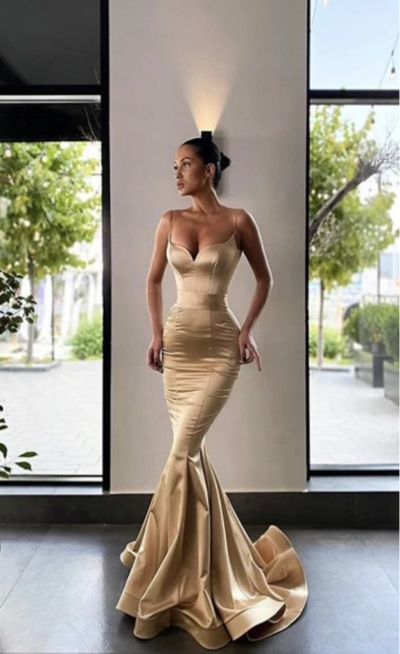 Royal Blue Fitted Mermaid Evening Dress Champage Spaghetti Straps Prom Dress