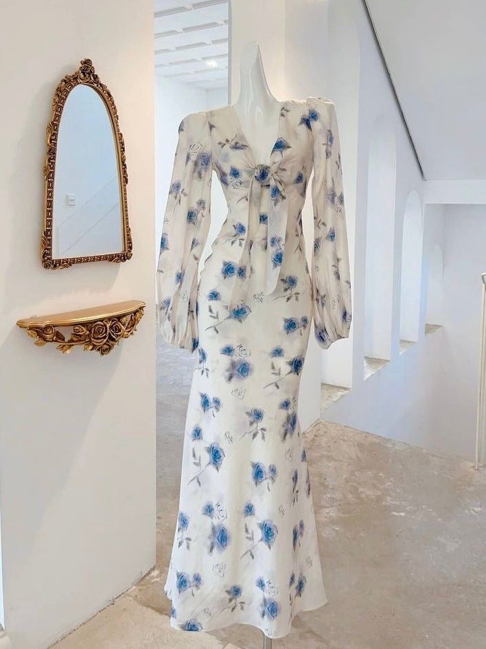 Classy Ice Blue Chiffon Rose Print Floral Prom Party Dress,Long Mermaid Evening Dress