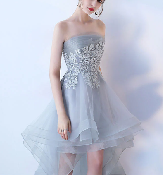 Gray tulle lace high low prom dress, cute homecoming dress