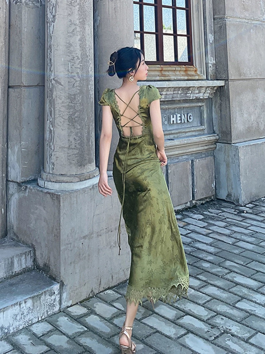 Sexy Mermaid V Neckline Short Sleeves Lace Green Floor Length Evening Dress Prom Dresses