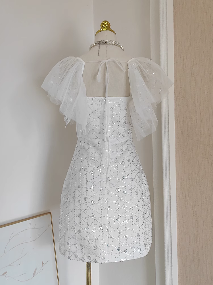 Cute A line Square neckline Tulle White Sequin Party Dress Short Birthday Dresses With Beads