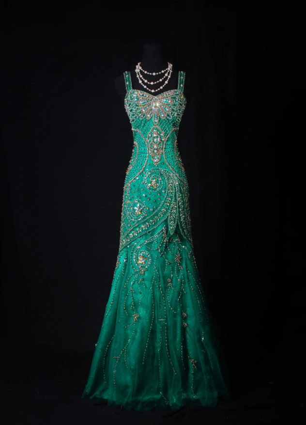Vintage Spaghetti Straps Green Satin Tulle Beaded Party Dress Mermaid Long 21st Birthday Outfits