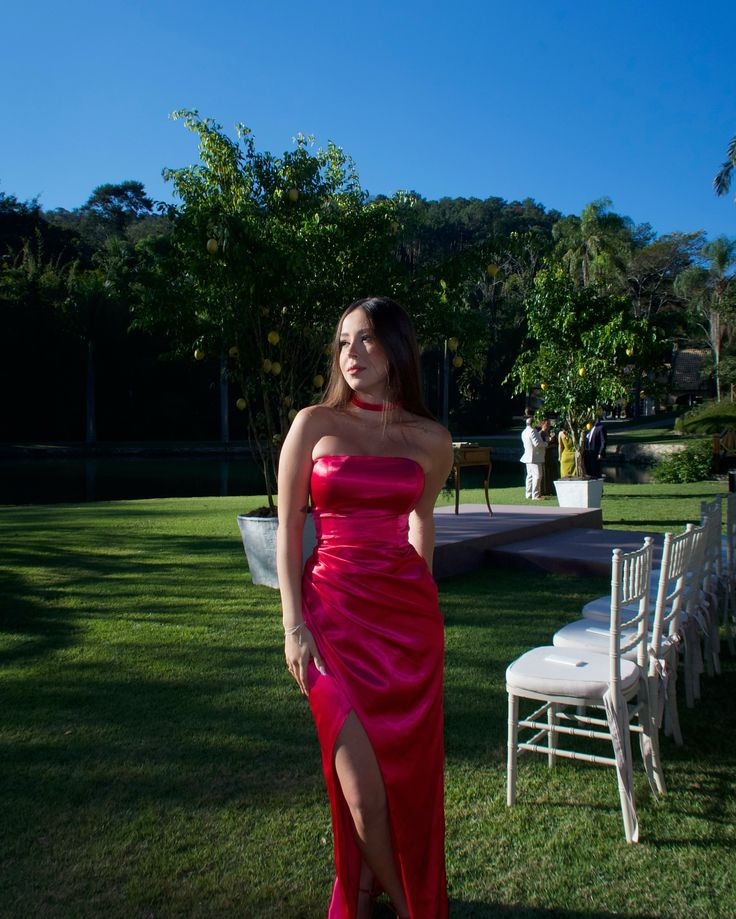 Classy Hot Pink Strapless Satin Slit Long Wedding Guest Dress Formal Birthday Party Dress