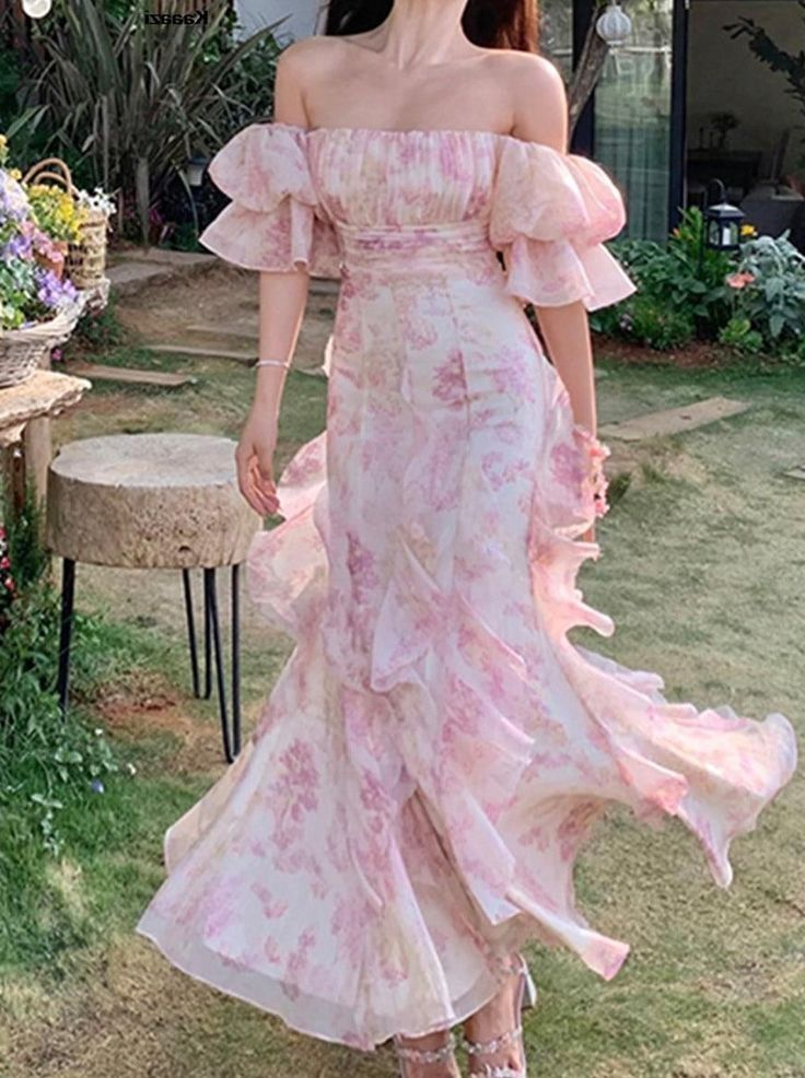 Pretty Chiffon Print Flowers Pink Prom Dress Long Party Evening Dress