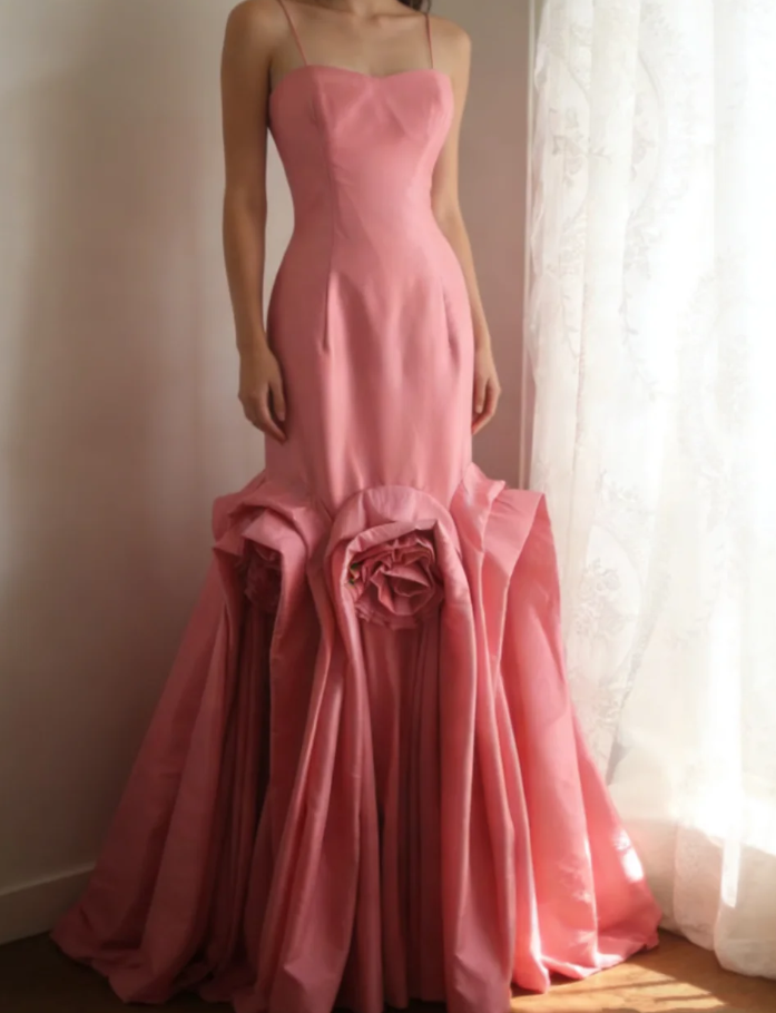 Elegant Spaghetti Straps Pink Satin Pleated Floral Mermaid Long Party Dress Birthday Evening Gown