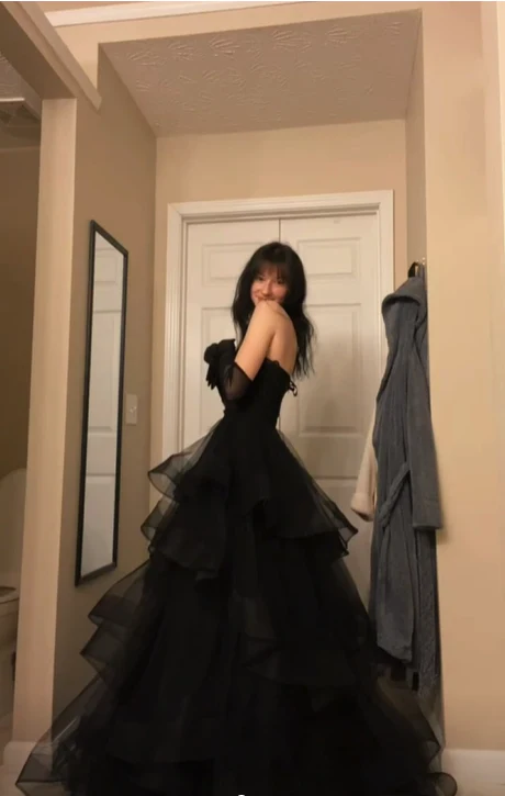 Black Rufflue Prom Dress Long Prom Dress Sweetheart Eveninng Dress