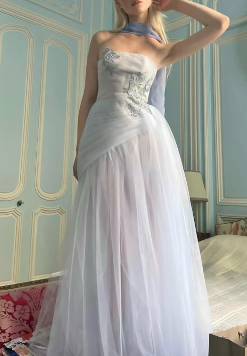 Sweet Light Blue Tulle Appliques Mermaid Long Wedding Guest Dress Formal Birthday Evening Dress With Scarf