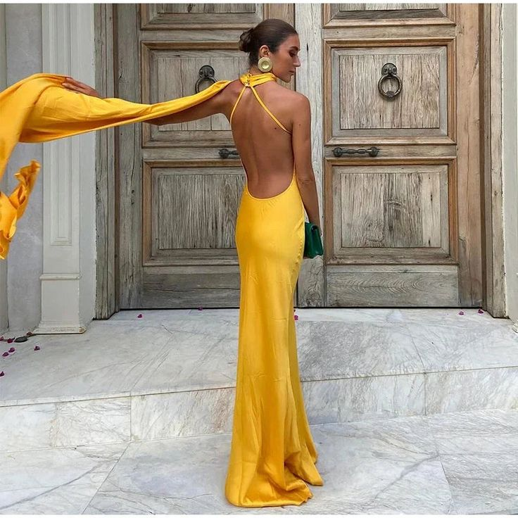 Sexy Halter Yellow Satin Backless Mermaid Evening Dress,Long Party Dress