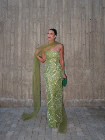Gorgeous Strapless Apple Green Sequin Long Prom Dress Party Gown With Ribbon