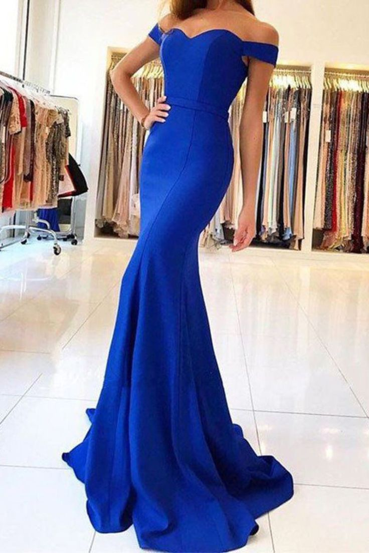 Charming Mermaid Off the Shoulder Royal Blue Satin Prom Dresses,Evening Dresses