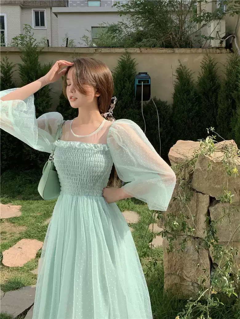 Light green skirt hollow French super fairy puff sleeve polka dot mesh dress sexy party dress