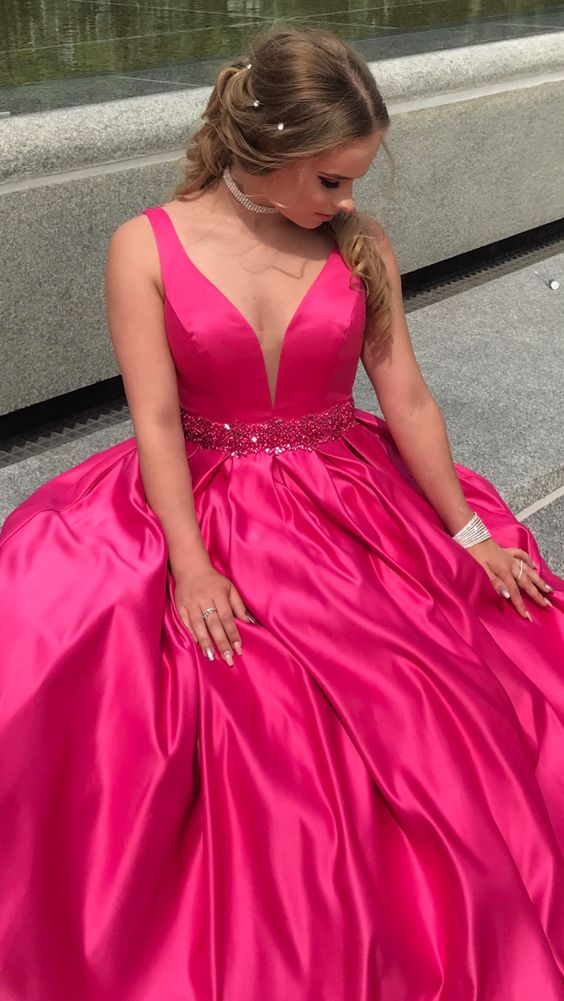 Fushia A-line Satin Prom Dress,Senior Prom Dress