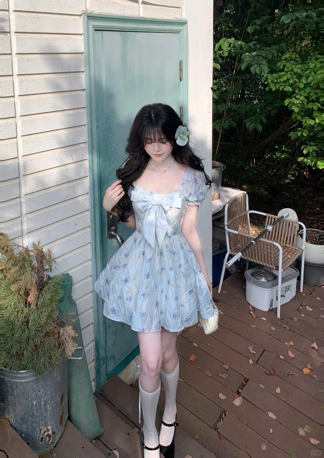 Cute Blue Chiffon Printed Floral A Line Short Prom Dress Formal Graduation Homecoming Dress