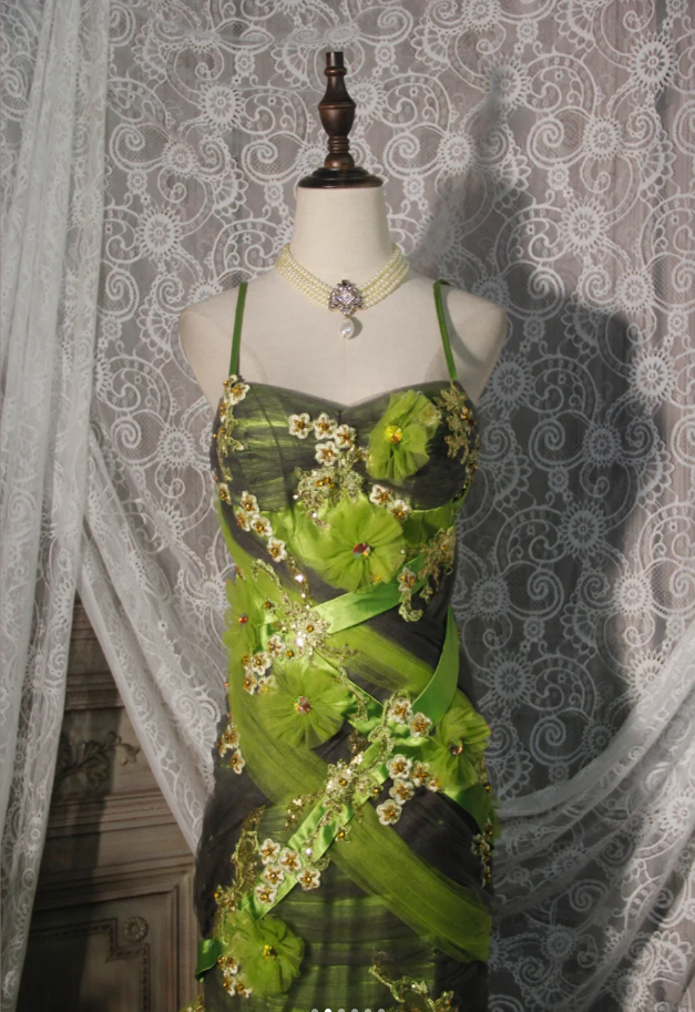 Vintage Green Spaghetti Straps Satin Tulle Appliques Mermaid Prom Dress Long Evening Dress