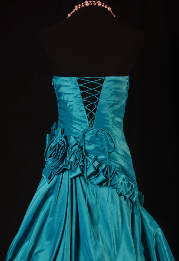 Vintage Strapless Blue Green Satin Pleated Floral Mermaid Long Party Dress Evening Gown