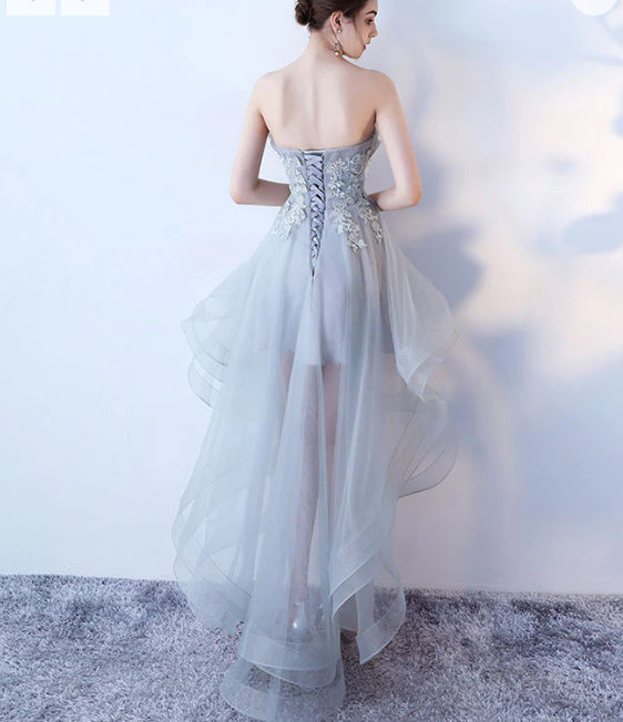 Gray tulle lace high low prom dress, cute homecoming dress