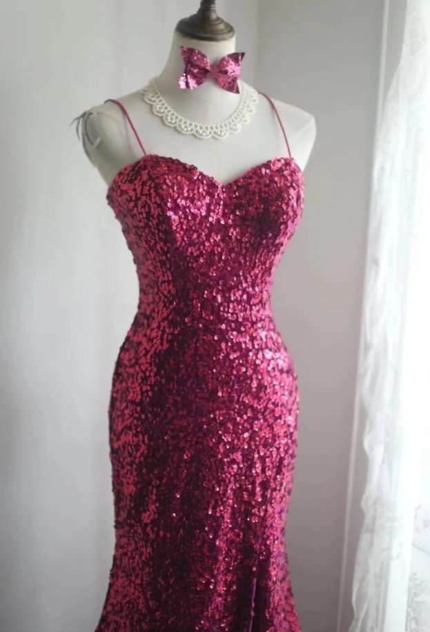 Sparkly Spaghetti Straps Hot Pink Sequin Mermaid Slit Evening Dress Long Wedding Guest Dress