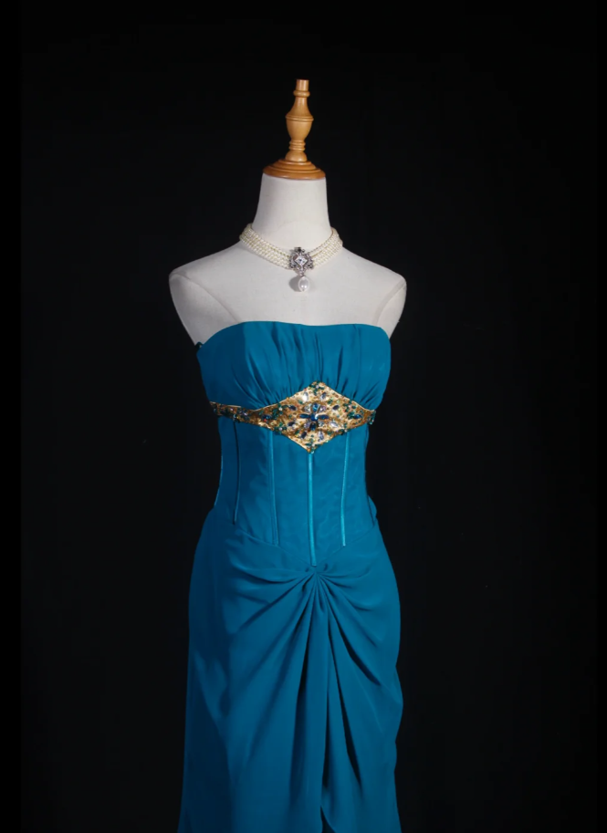 Elegant Blue-green Strapless Chiffon Layered Mermaid Long Evening Dress Formal Wedding Guest Dress With Beads